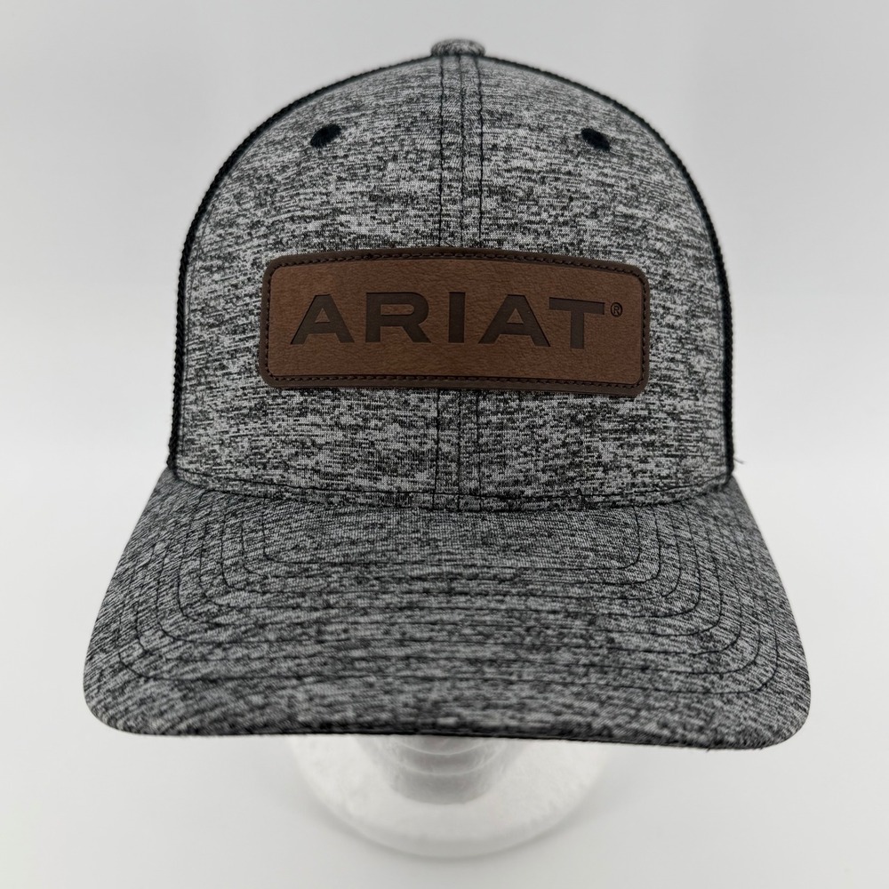 Ariat Trucker Hat Mens S-M Grey Black‎ Heathered Flexfit Leather Patch Cap